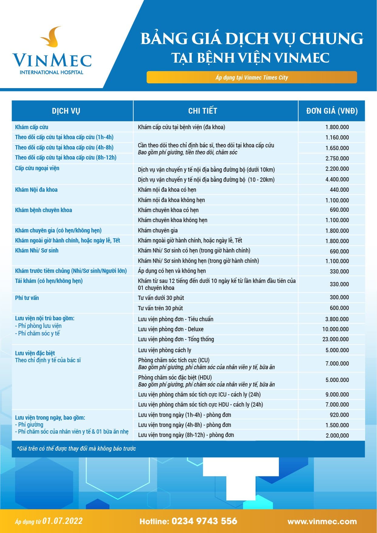 Bảng Giá Dịch Vụ Bệnh viện Quốc Tế Vinmec Time City