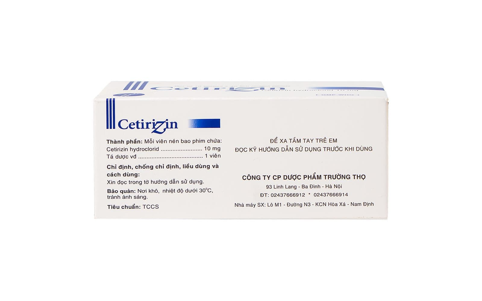 Thuốc Cetirizin 10mg Trường Thọ - Điều trị ngứa ngoài da do dị ứng (10 vỉ x 10 viên)