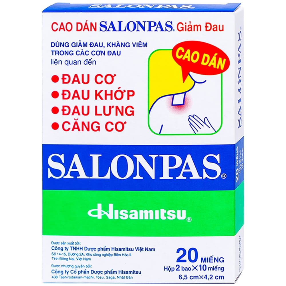 Cao Dán Salonpas Hisamitsu Giảm Đau Vai, Lưng, Cơ (Hộp 2 Gói x 10 Miếng)