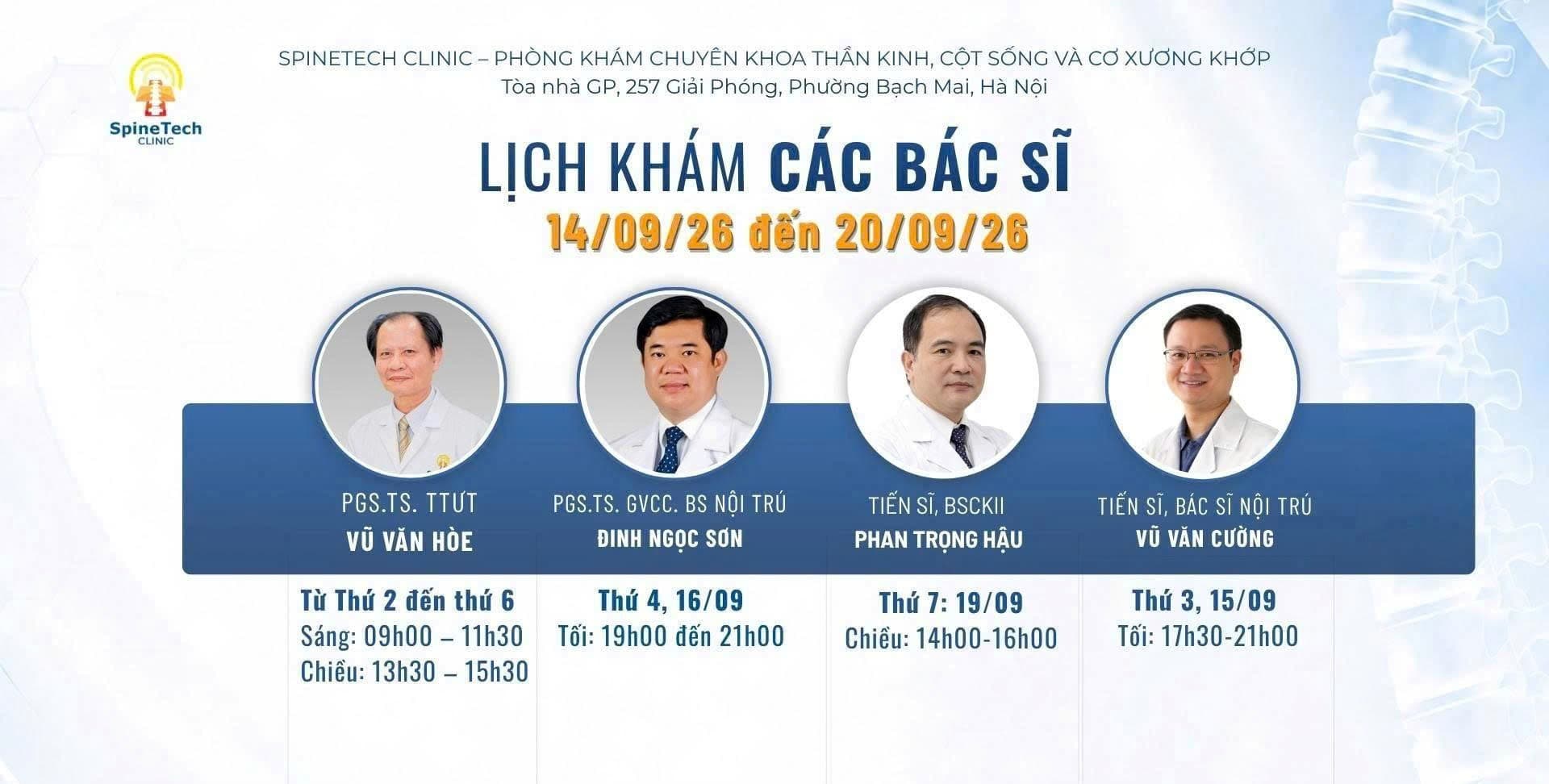 Lịch khám chuyên gia tại Phòng khám SpineTech từ 14/09/2026 đến 20/09/2026
