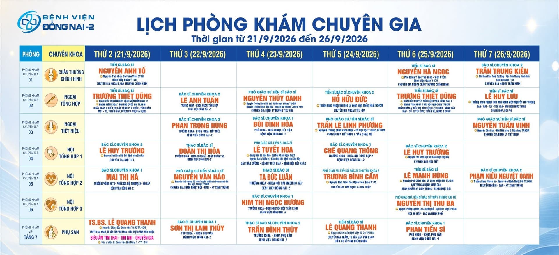Lịch khám khu Chuyên gia tại Bệnh viện Đồng Nai -2 từ 21/09 - 26/09/2026