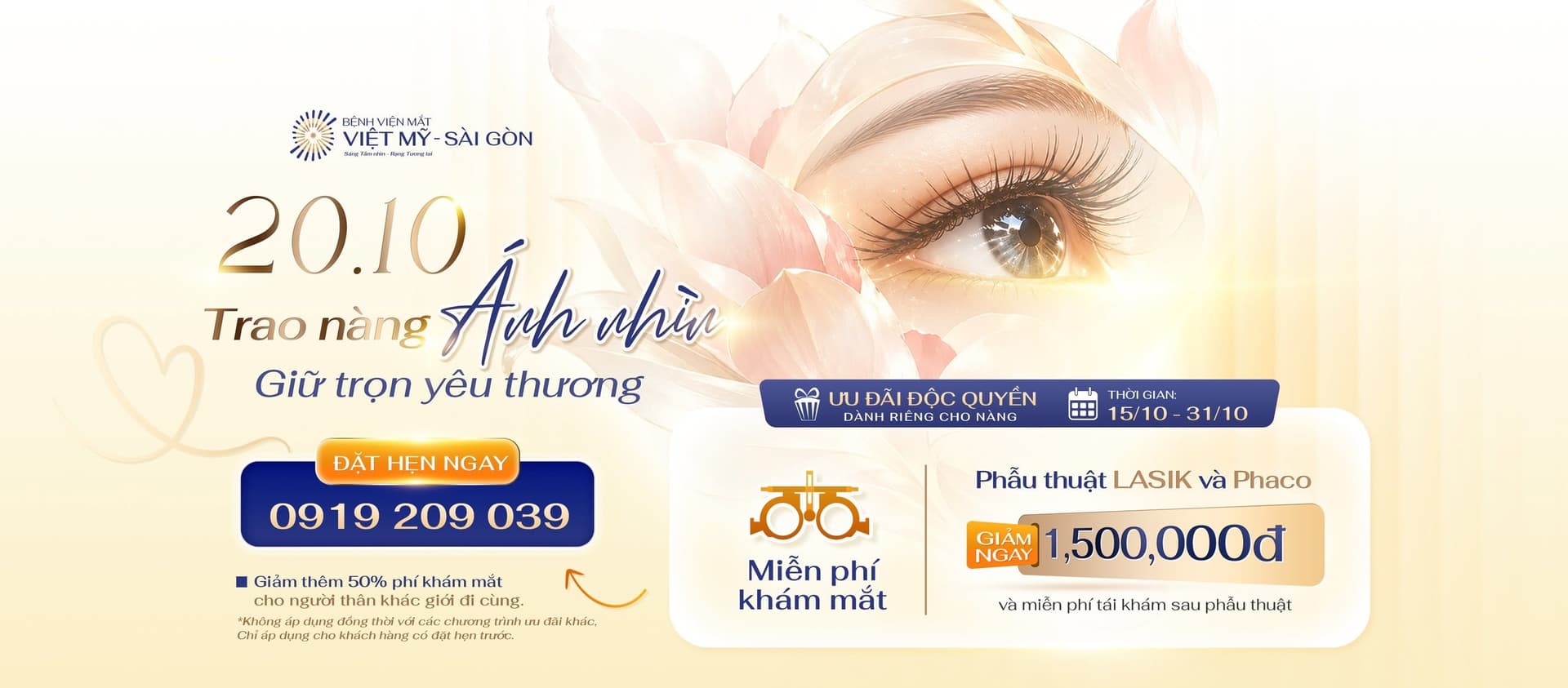 Đặc quyền 20/10 phái đẹp: Miễn phí 100% gói khám mắt tại Mắt Việt Mỹ - Sài Gòn