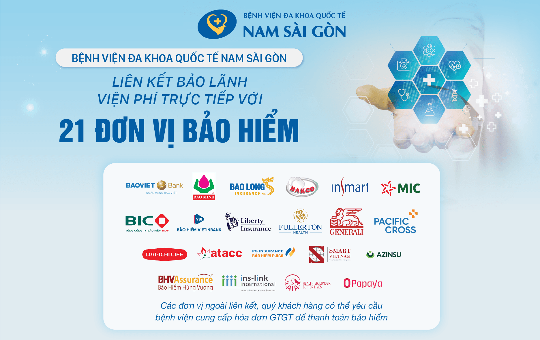 Bệnh viện Đa khoa Quốc tế Nam Sài Gòn liên kết bảo lãnh viện phí trực tiếp với 21 đơn vị bảo hiểm sức khỏe tư nhân